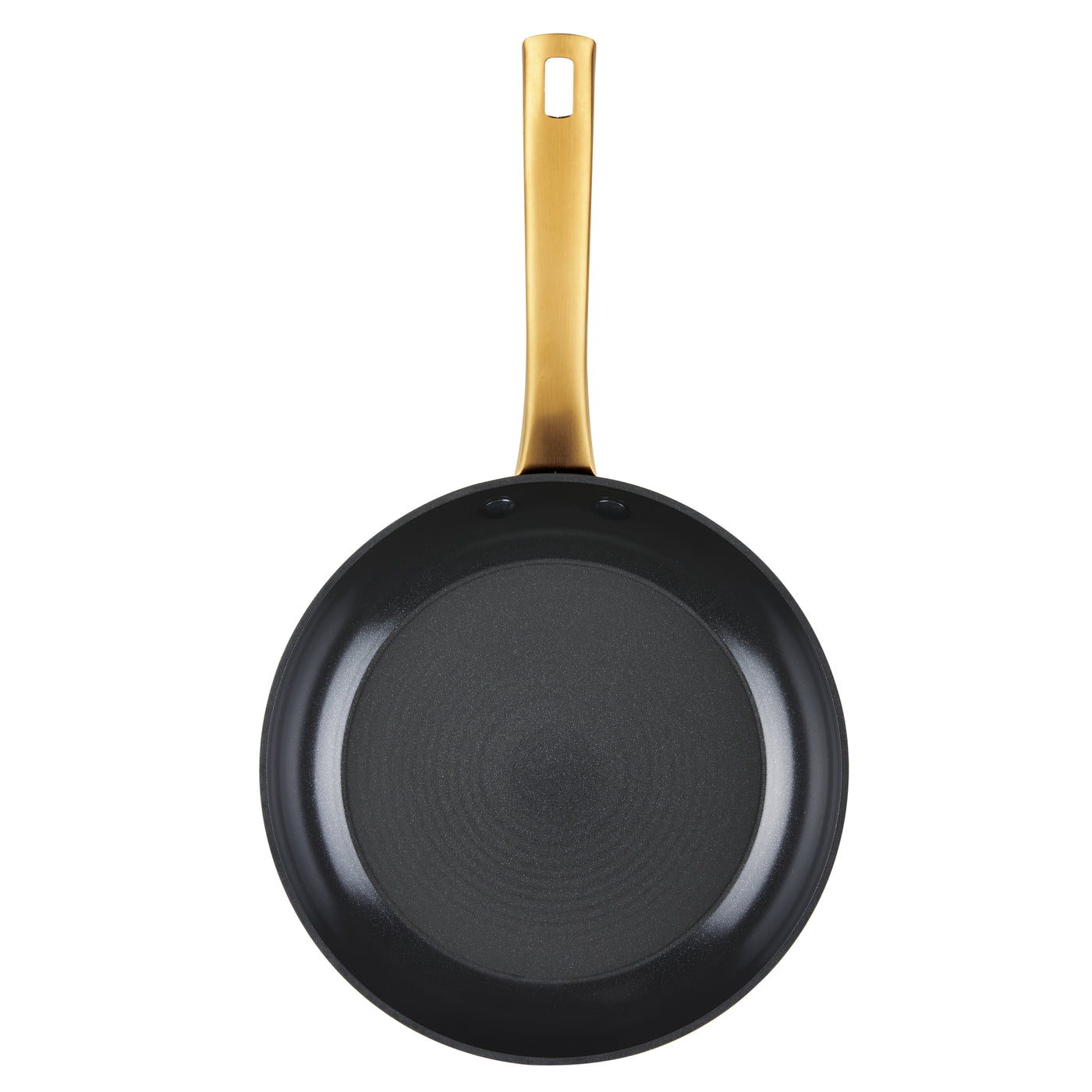 The Forged Induction Ceramic 10-Inch Frying Pan boasts an induction-ready ceramic nonstick surface in black, complemented by a striking gold handle. It is made from forged aluminum with sturdy steel bases to ensure even heat distribution.