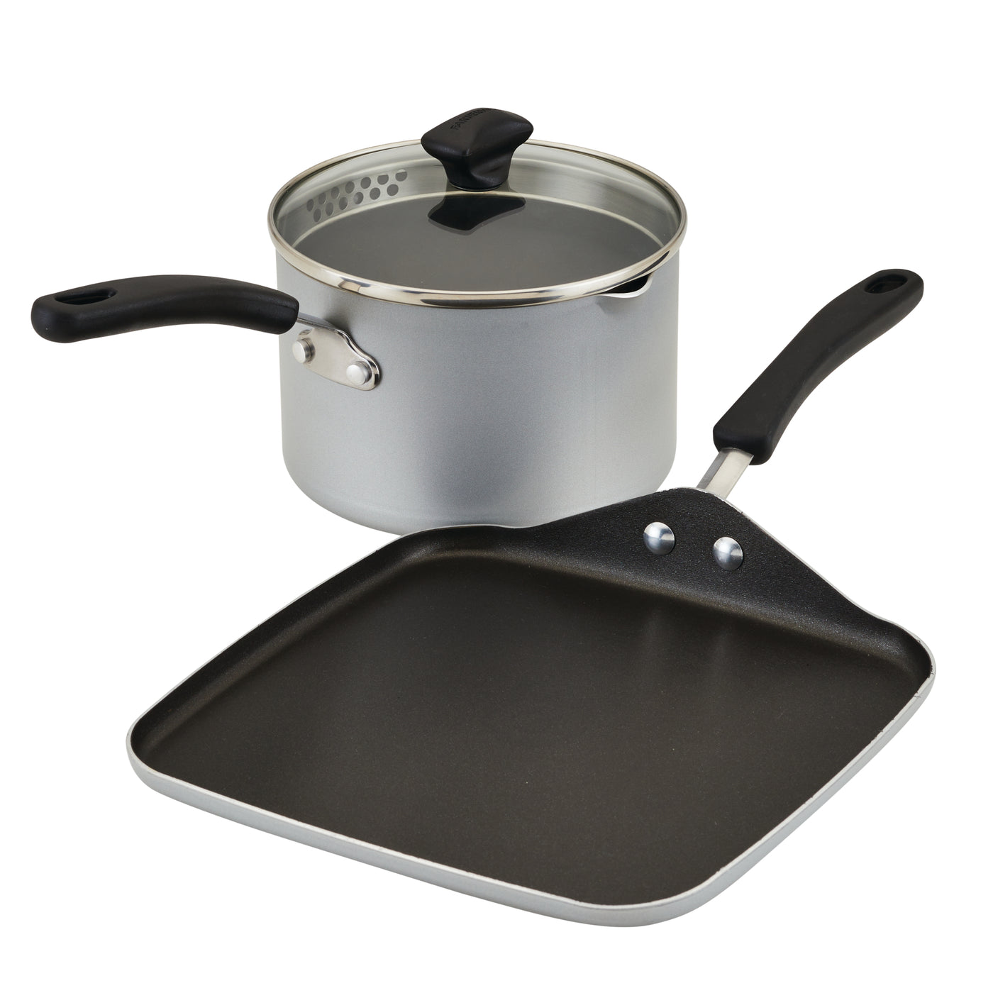 The 2 Piece Dorm Life Basics Bundle with Lid consists of a straining saucepan with a lid and a square griddle pan, both equipped with black handles and featuring DiamondMax nonstick surfaces for enhanced performance.