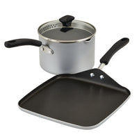 The 2 Piece Dorm Life Basics Bundle with Lid consists of a straining saucepan with a lid and a square griddle pan, both equipped with black handles and featuring DiamondMax nonstick surfaces for enhanced performance.
