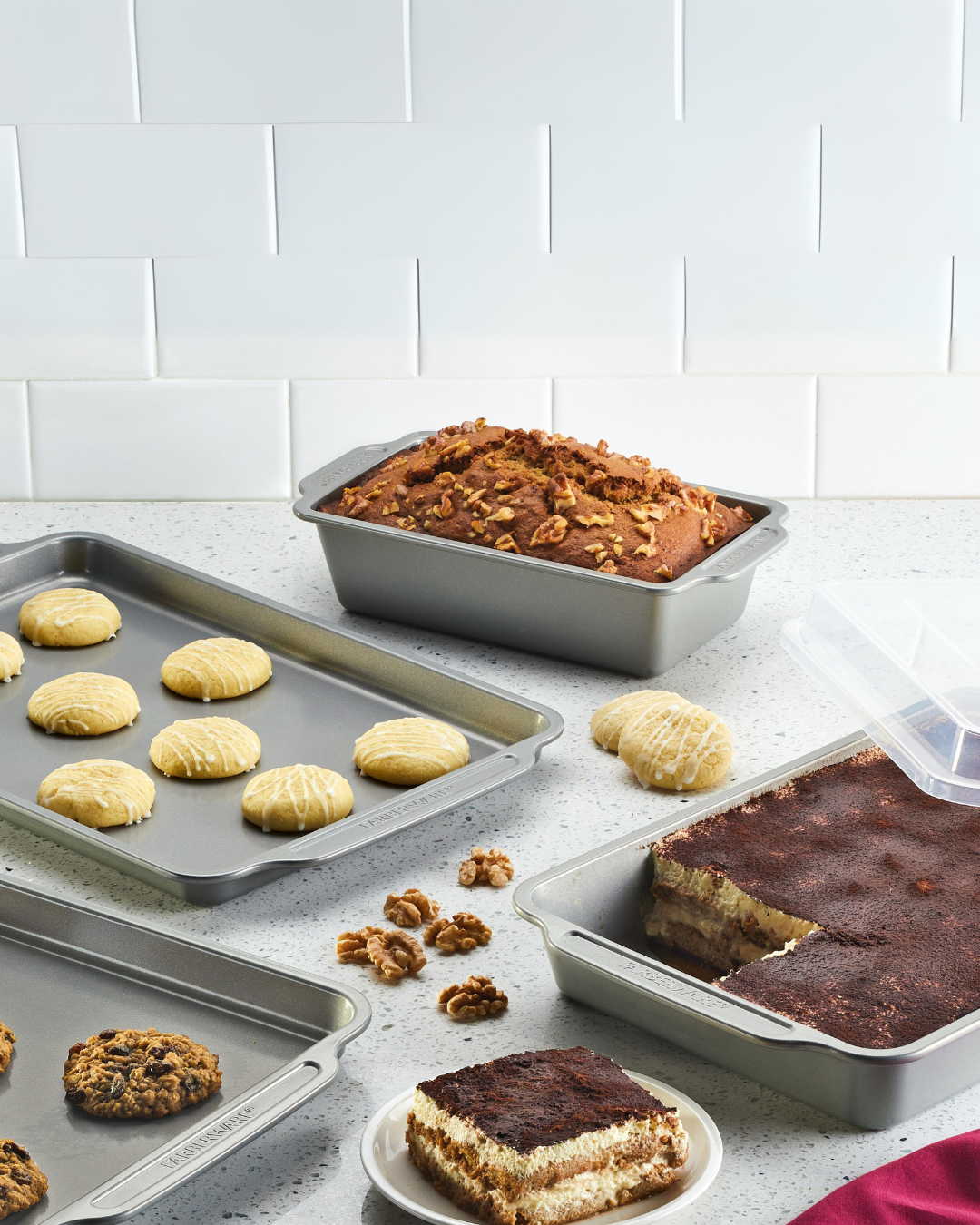 Farberware bakeware with lemon cookies, oatmeal raisin cookies, pumpkin bread, and tiramisu