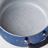 Blue pot's interior with nonstick Mickey Mouse pattern and dark handle.