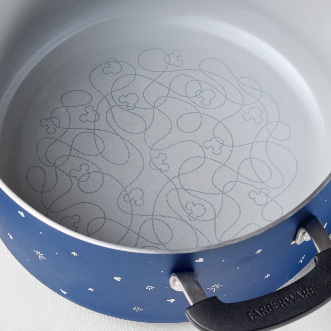 Blue pot's interior with nonstick Mickey Mouse pattern and dark handle.