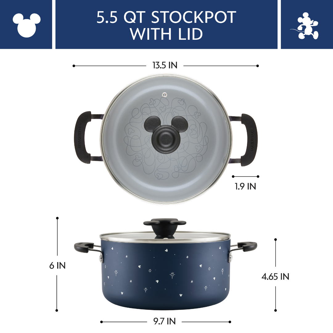 Blue stockpot with lid, mouse motif, and measurements displayed.