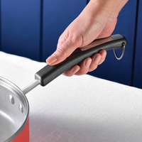 Hand holding a pot handle on a white cloth with a blue background.