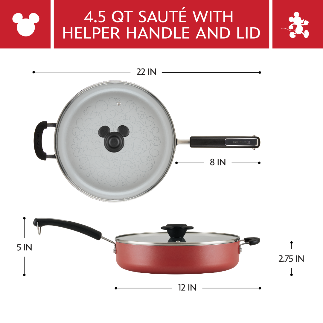Red 4.5 qt sauté pan with lid and helper handle, with dimensions shown.