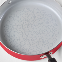 Red frying pan with a patterned interior on a white surface.