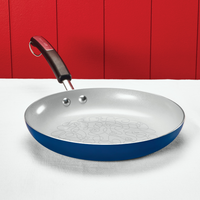 Blue frying pan with a black handle on a white and red background.
