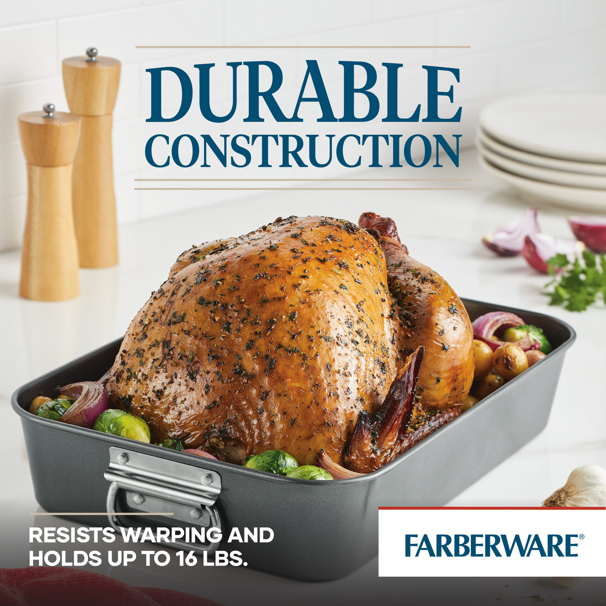 Roasted turkey in a Farberware pan with vegetables and spices.
