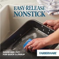 Person cleaning a nonstick pan with a sponge in a kitchen sink.