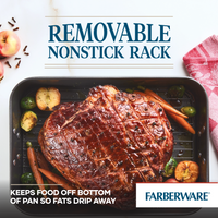 A cooked roast with vegetables on a pan with a nonstick removable rack.