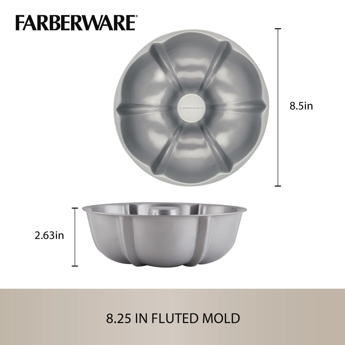The 4-Piece Nonstick Specialty Bakeware Set includes a silver fluted mold with dimensions of 8.25 inches in diameter and 8.5 inches in height, offering a nonstick surface perfect for effortlessly creating elegant cakes. It is also ideal for use as Pressure Cooker Bakeware!
