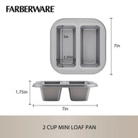The 4-Piece Nonstick Specialty Bakeware Set includes a 2-cup mini loaf pan with dimensions shown in a diagram, ideal for precise baking. Made from nonstick materials, it guarantees easy release and simple cleanup, making it an essential part of your bakeware collection.