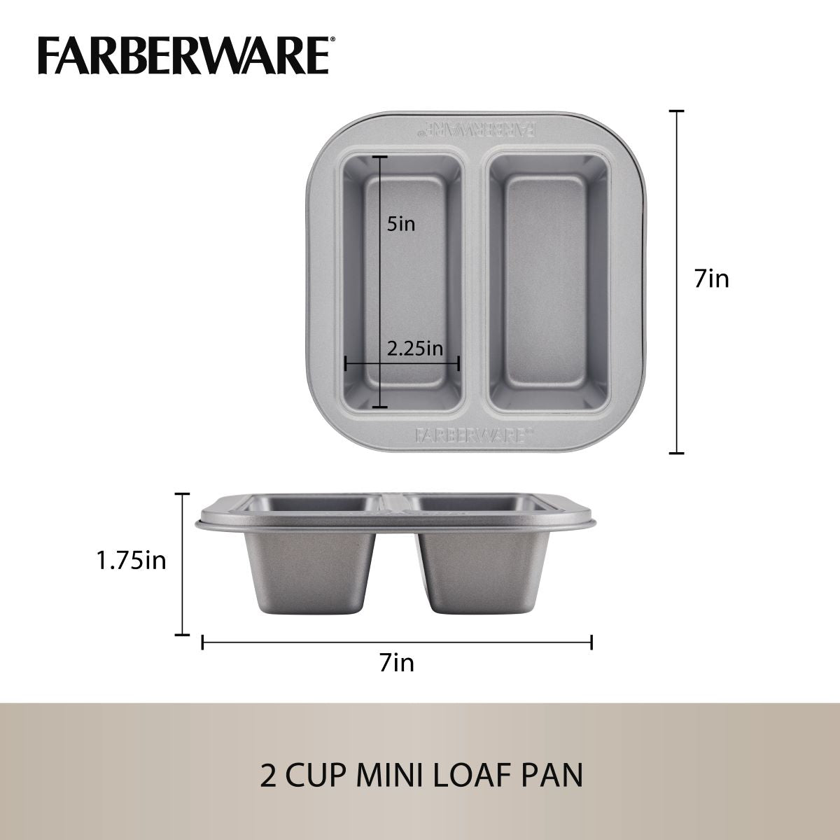 The 4-Piece Nonstick Specialty Bakeware Set includes a 2-cup mini loaf pan with dimensions shown in a diagram, ideal for precise baking. Made from nonstick materials, it guarantees easy release and simple cleanup, making it an essential part of your bakeware collection.