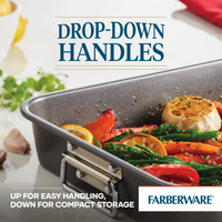 Baking pan with vegetables and drop-down handles on display.