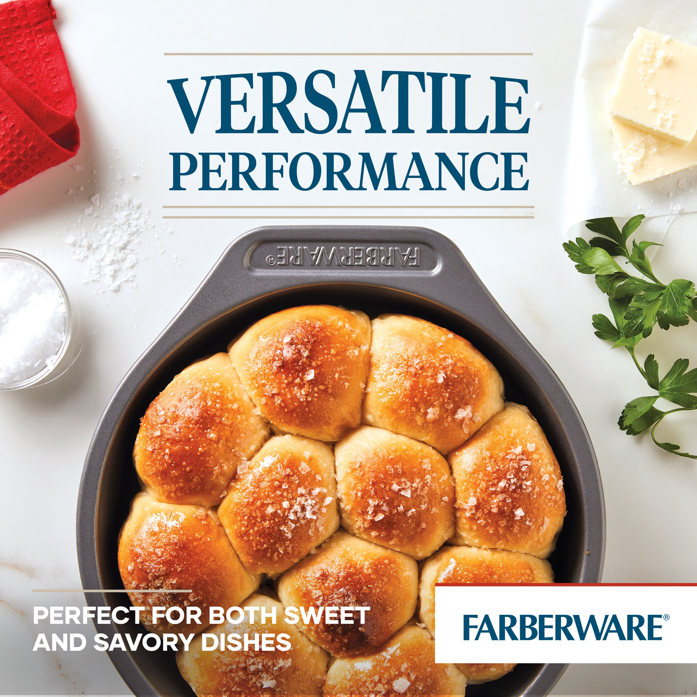 The 4-Piece Nonstick Bakeware Set features round baked bread in a nonstick pan alongside parsley, butter, and text highlighting its versatility. The nonstick surface guarantees quick cleanup, ensuring that your baking experience is both easy and enjoyable.