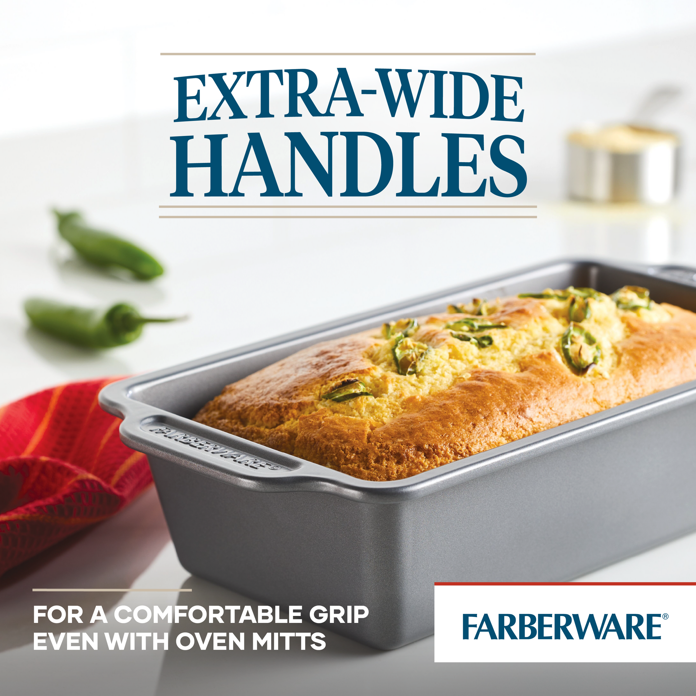 Baked the loaf using a piece from the 4-Piece Nonstick Bakeware Set, featuring extra-wide handles for easy handling, and topped with jalapeños for straightforward cleanup.