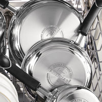10-Piece Stainless Steel Cookware Set arranged neatly in a dishwasher rack.