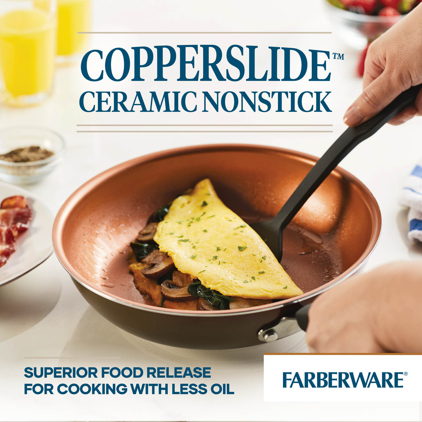 A person expertly prepares an omelet in a copper-colored ceramic nonstick pan, included in the 14-Piece Ceramic Nonstick Cookware Set.