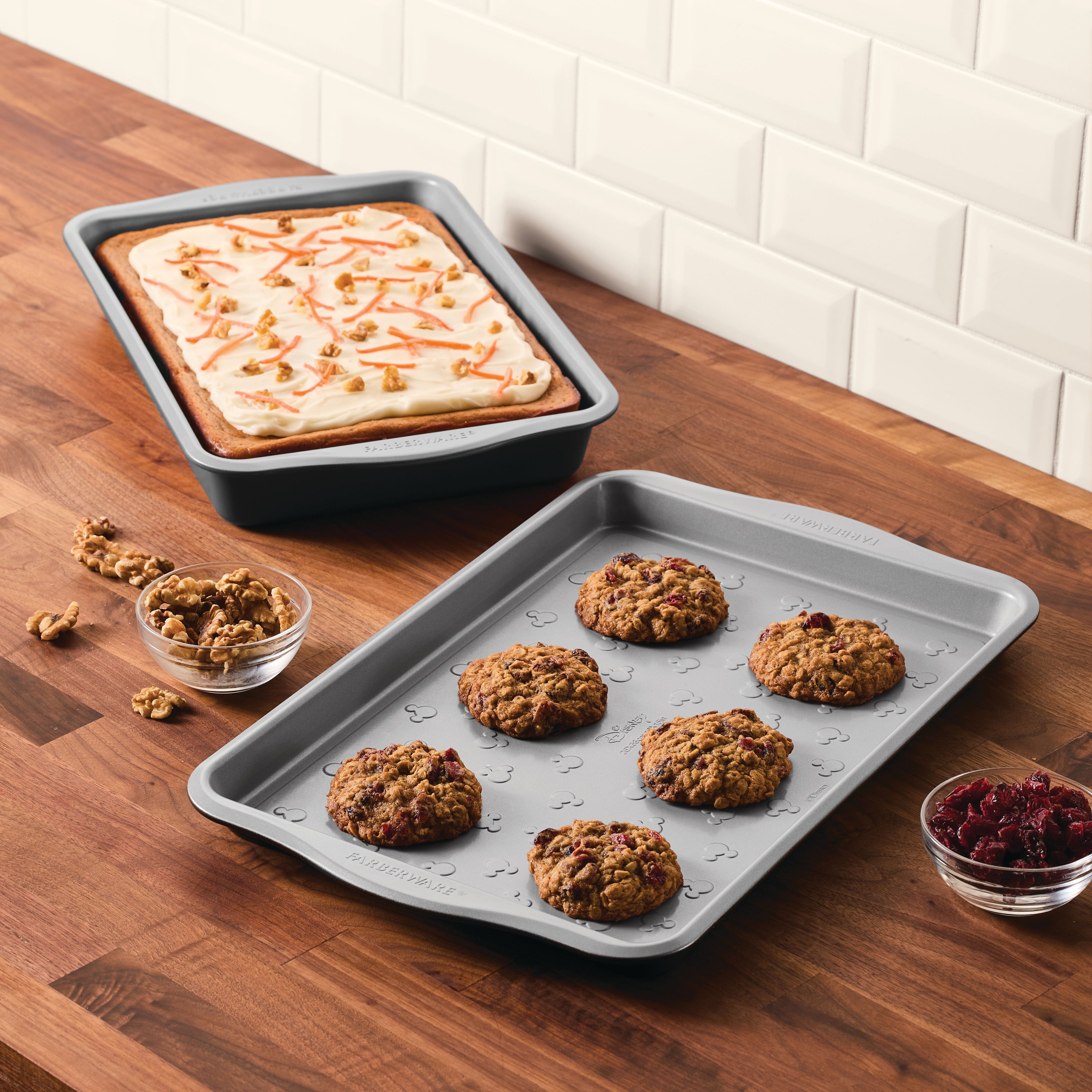 Mickey Mouse cookies and cake on a 2-Piece Cake Pan and Cookie Pan Set.