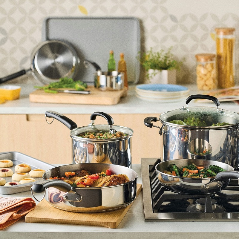 12-Piece Stainless Steel Anniversary Bundle displayed on a kitchen counter.