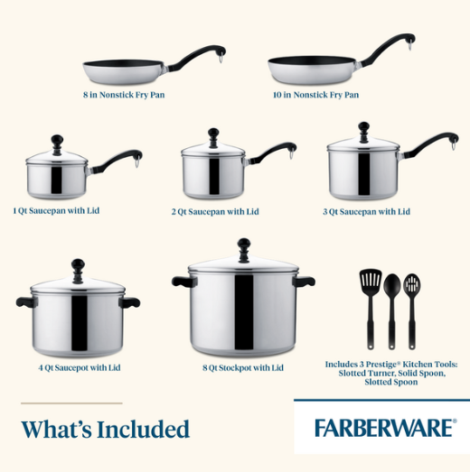 Farberware Classic Stainless Steel Cookware Pots and Pans Set, 15-Piece,  Silver & Nonstick Steel Bakeware Set with Cooling Rack, Baking Pan and  Cookie