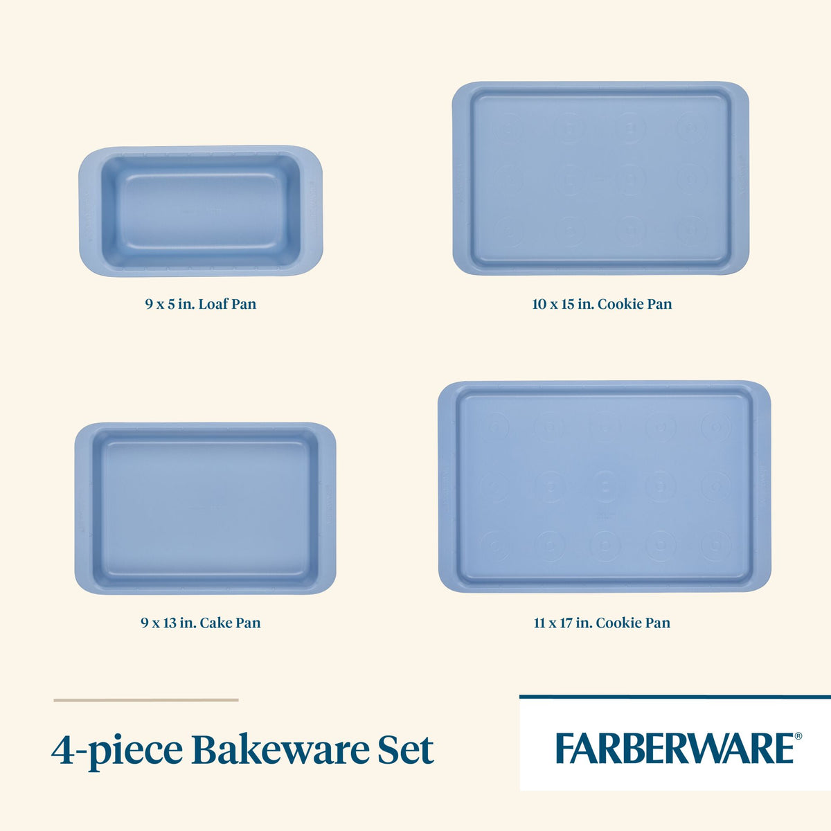 Four-piece blue bakeware set displayed on a light background.