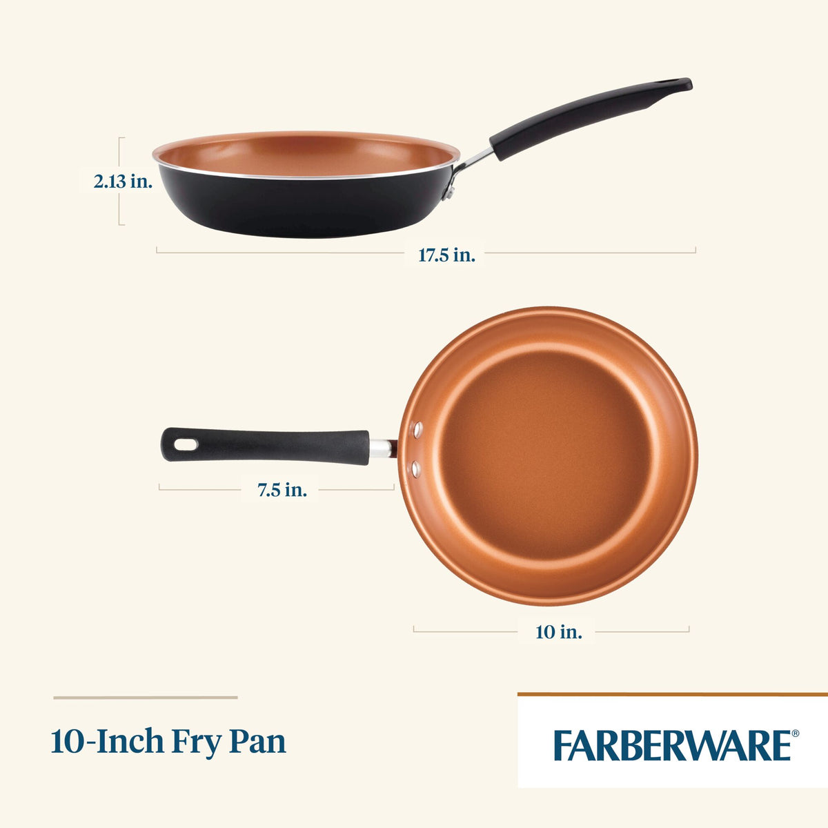 Farberware 10-inch fry pan with measurements, copper-colored interior.