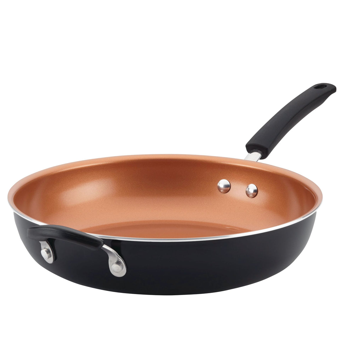 Nonstick copper skillet with black exterior and handle.
