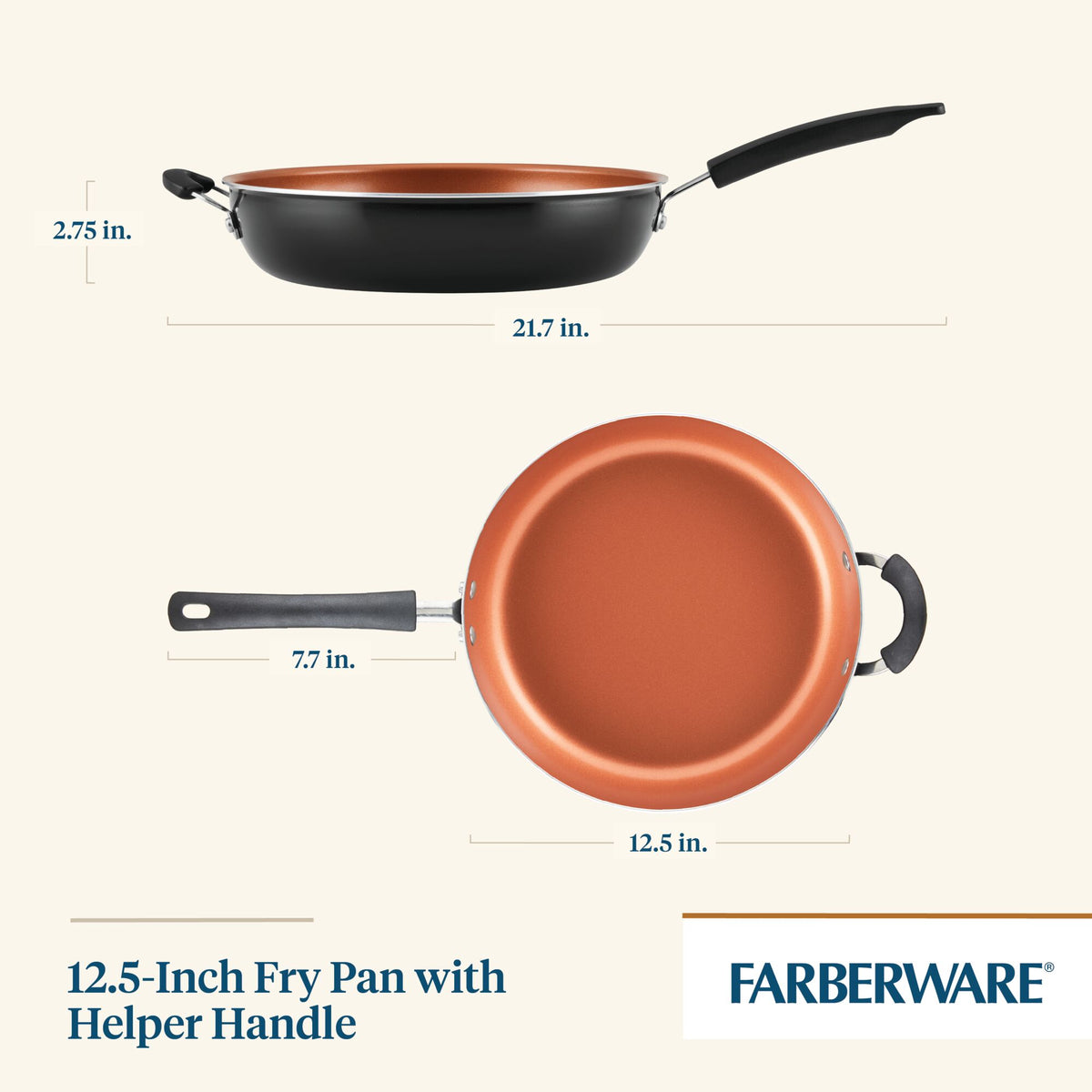 Farberware 12.5-inch fry pan with helper handle and measurements shown.