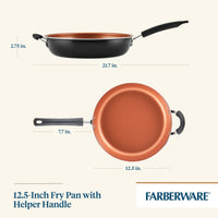 Farberware 12.5-inch fry pan with helper handle and measurements shown.