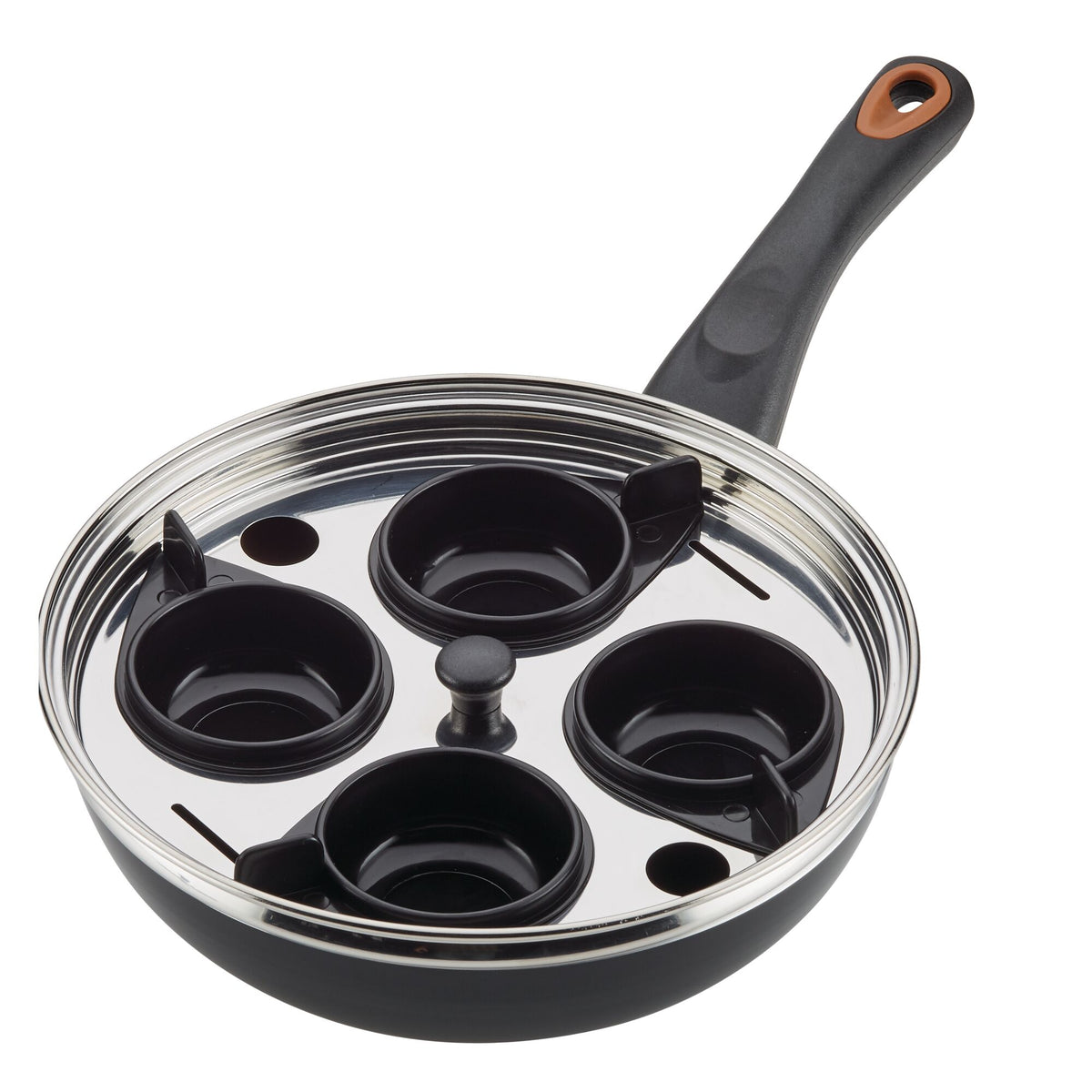 Egg poaching pan with four cups and a glass lid.