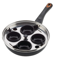 Egg poaching pan with four cups and a glass lid.