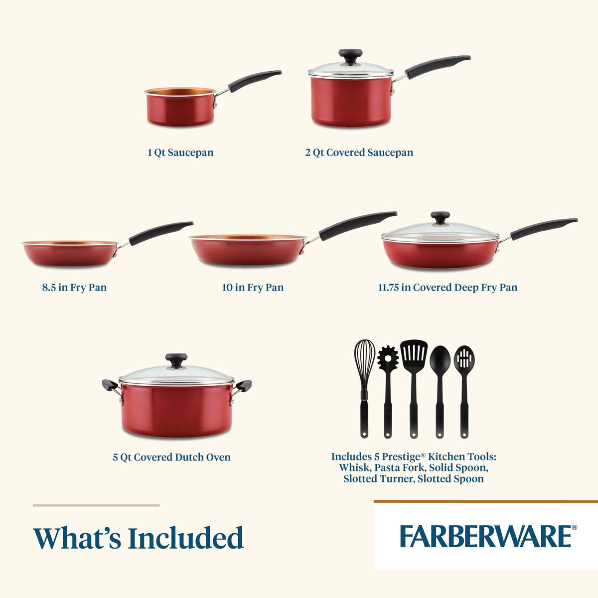 Red cookware set with pans, Dutch oven, and five kitchen utensils.