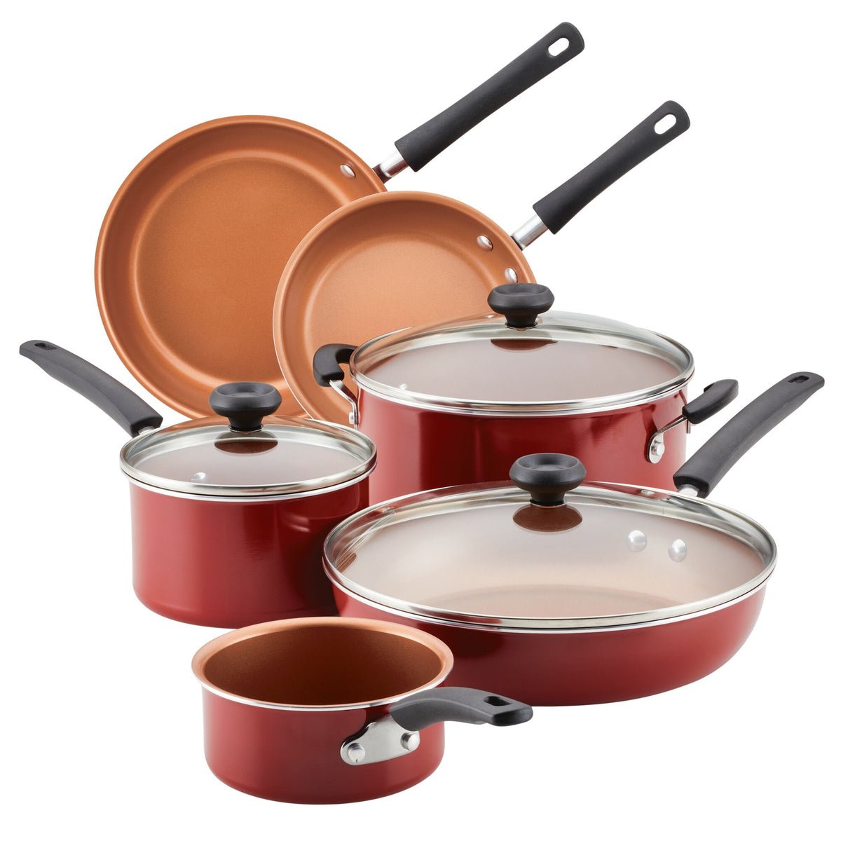 Red nonstick cookware set with pots, pans, and lids.