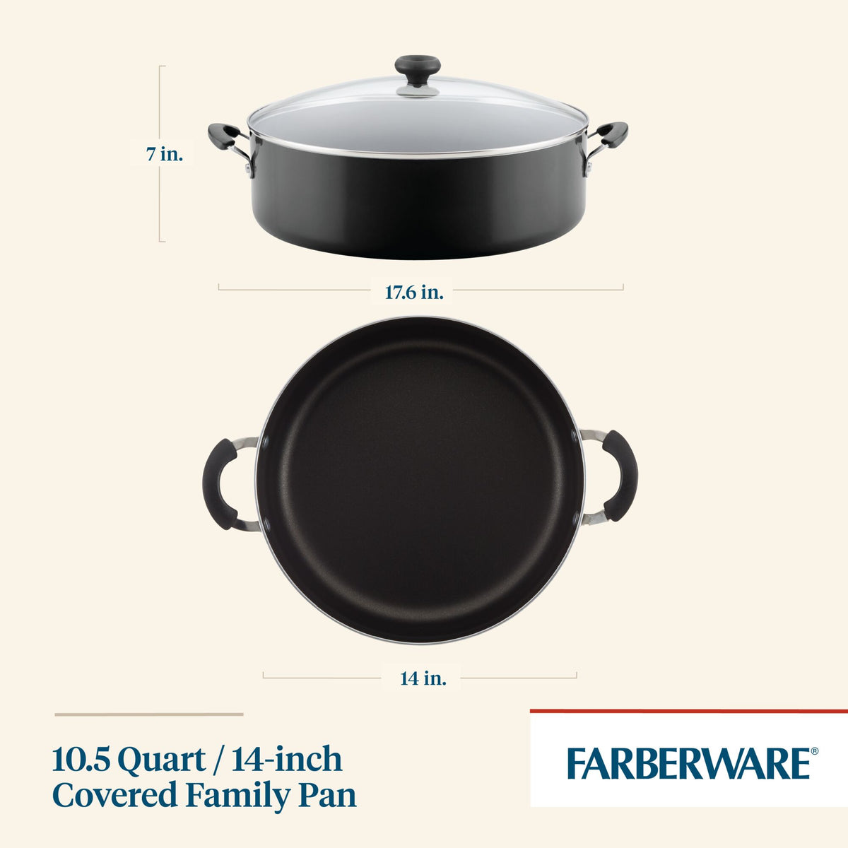 A large black cooking pan with lid and handles, labeled with dimensions.