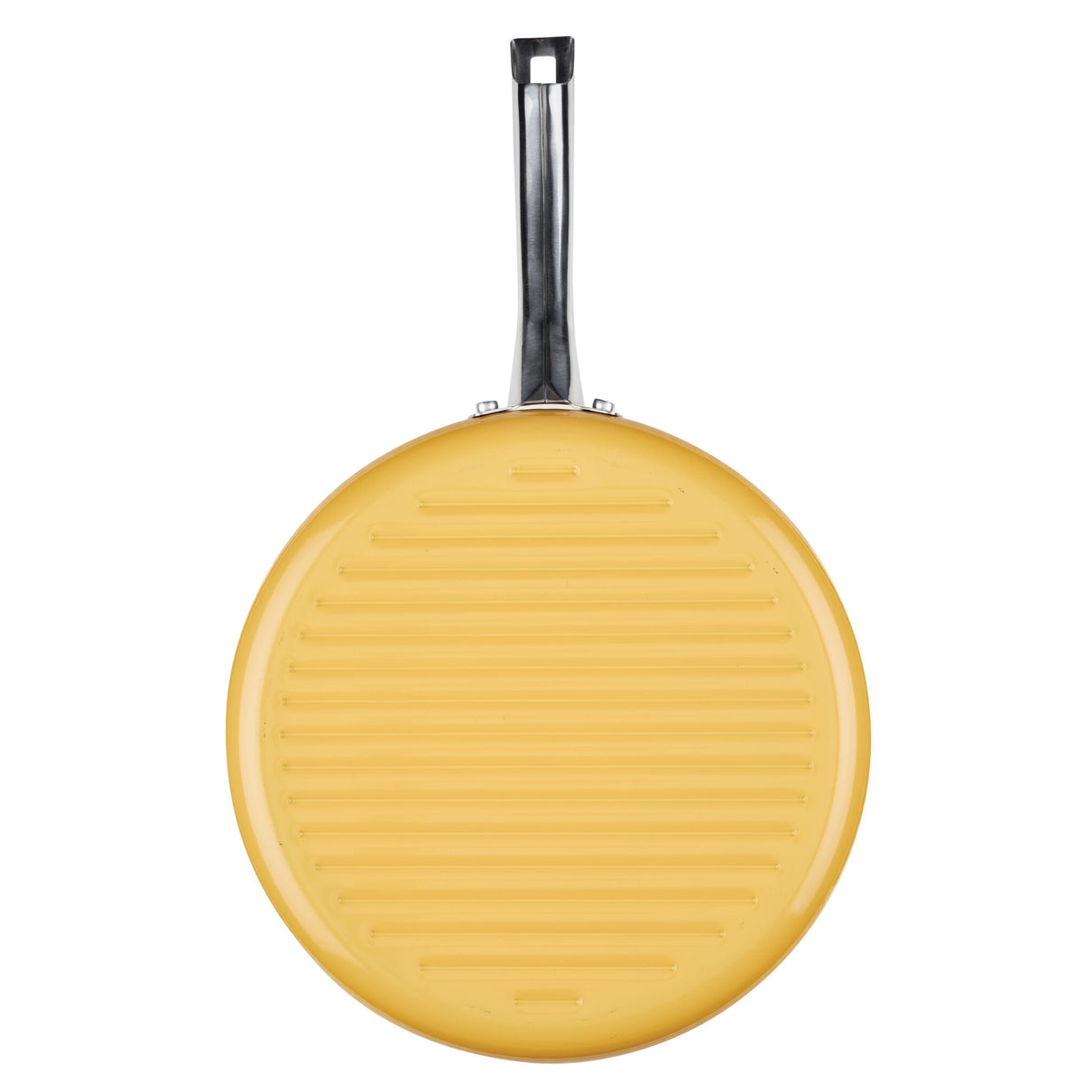 Yellow grill pan with a metal handle, viewed from above.