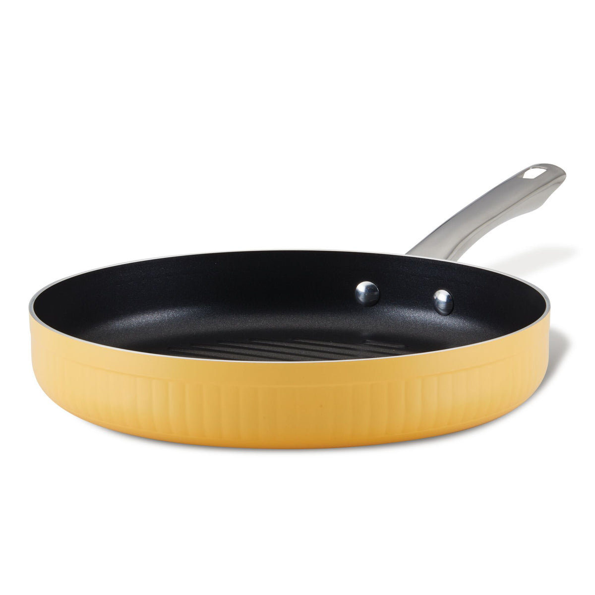 Yellow nonstick frying pan with a metal handle, viewed from the side.