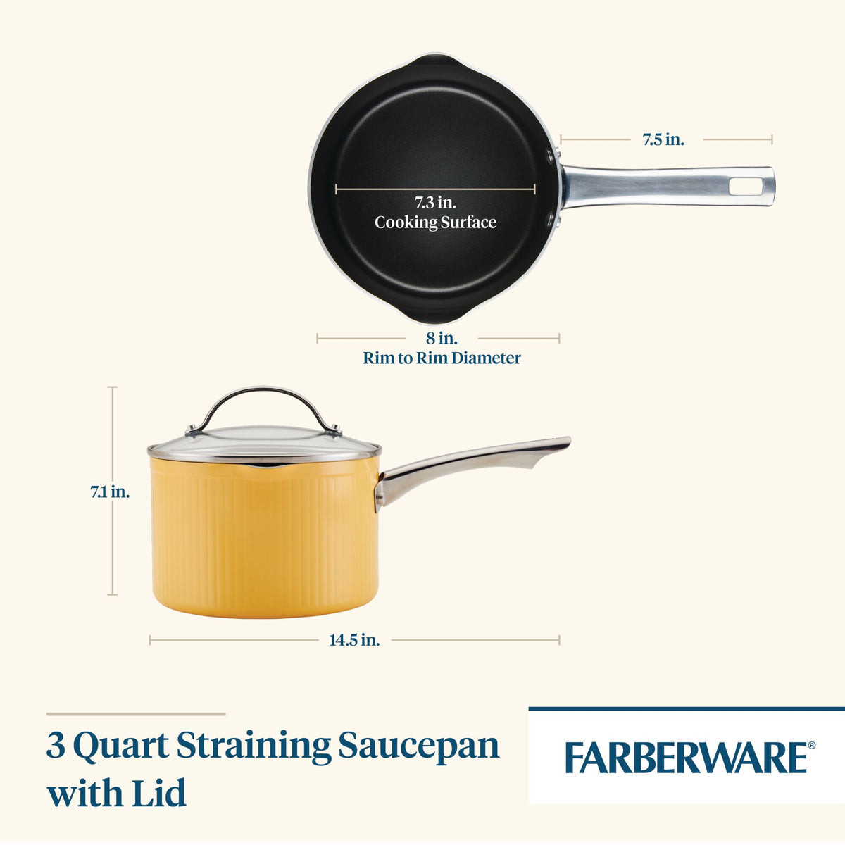 Yellow saucepan and black pan with measurements and Farberware branding.