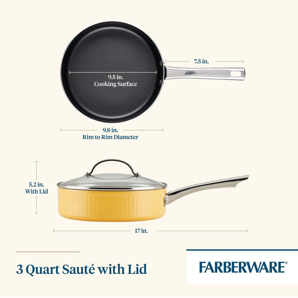 Diagram of a 3-quart sauté pan with lid, showing measurements.