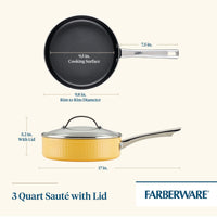 Diagram of a 3-quart sauté pan with lid, showing measurements.
