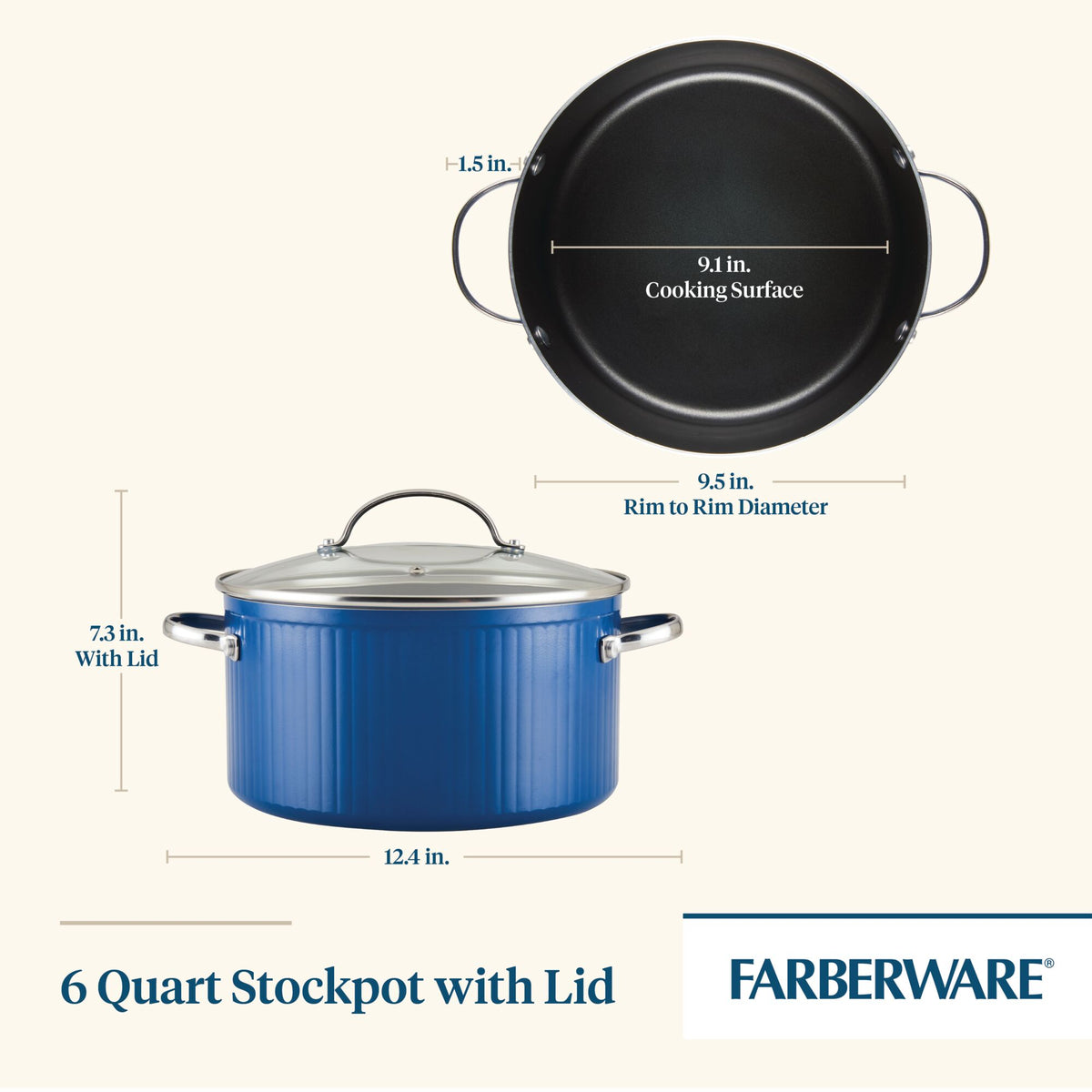 Farberware blue stockpot with lid, shown with measurements and features.