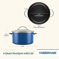Farberware blue stockpot with lid, shown with measurements and features.