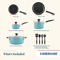 Cookware set with fry pans, saucepans, Dutch oven, and kitchen tools.