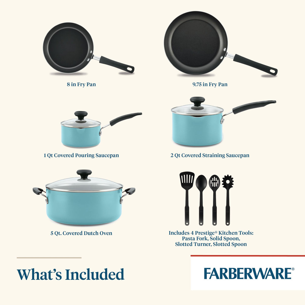 Cookware set with fry pans, saucepans, Dutch oven, and kitchen tools.