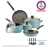 Cookware set with pans, pots, lids, and kitchen tools in teal color.