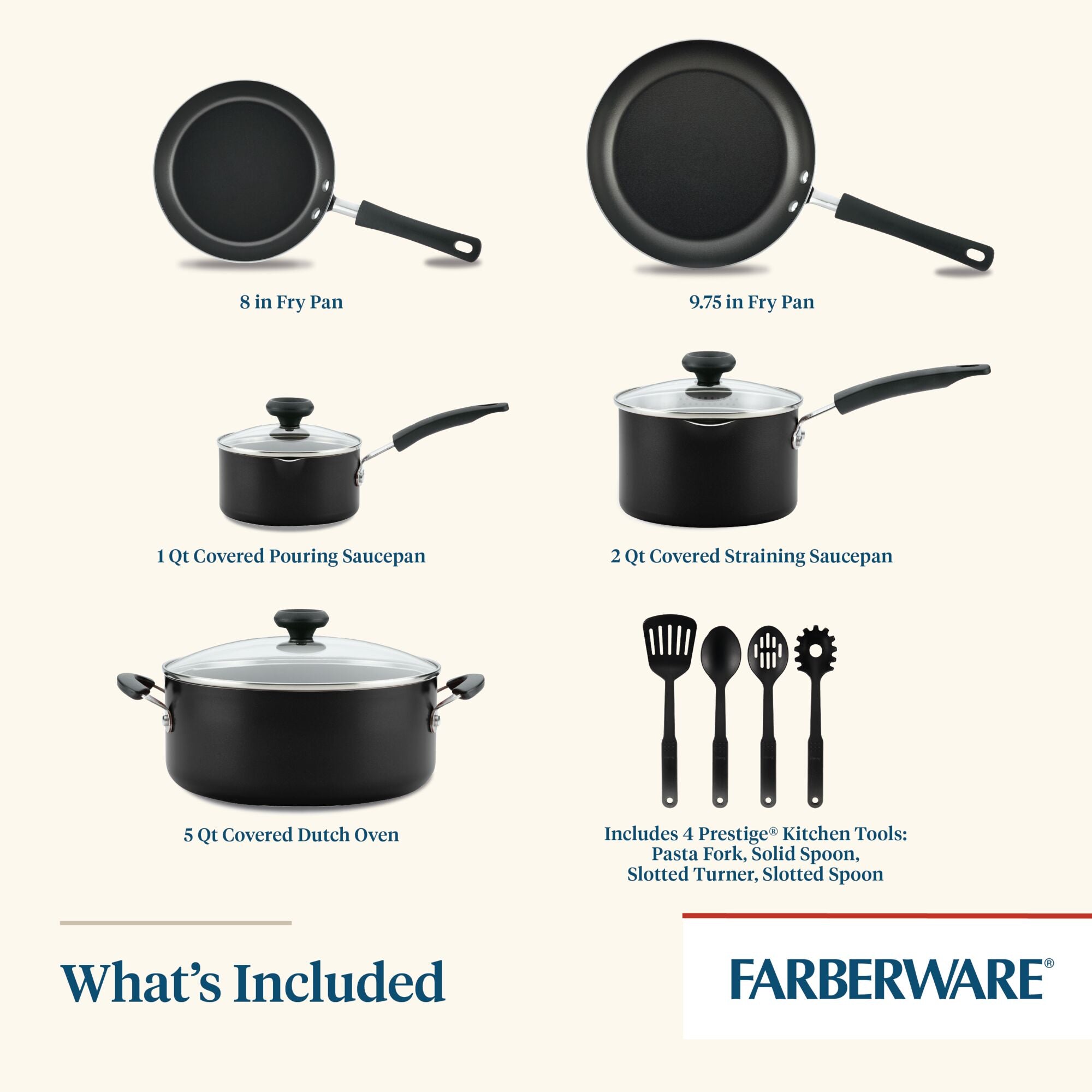 Farberware Aluminum 12 Piece Nonstick Cookware Set, Black