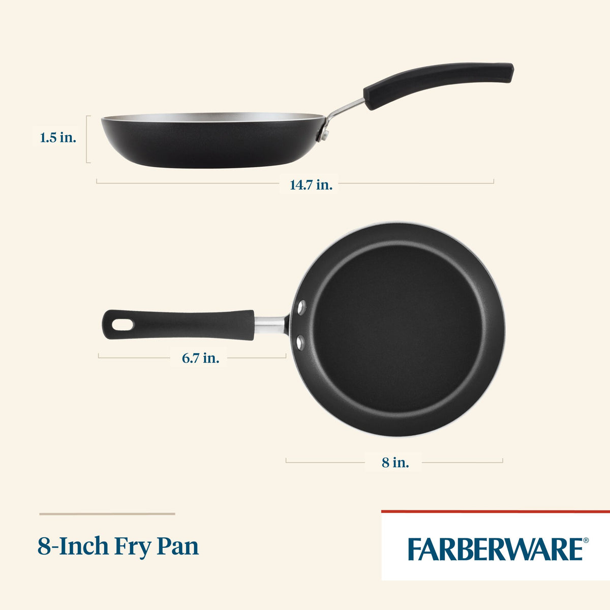 Diagram of an 8-inch fry pan with dimensions labeled.