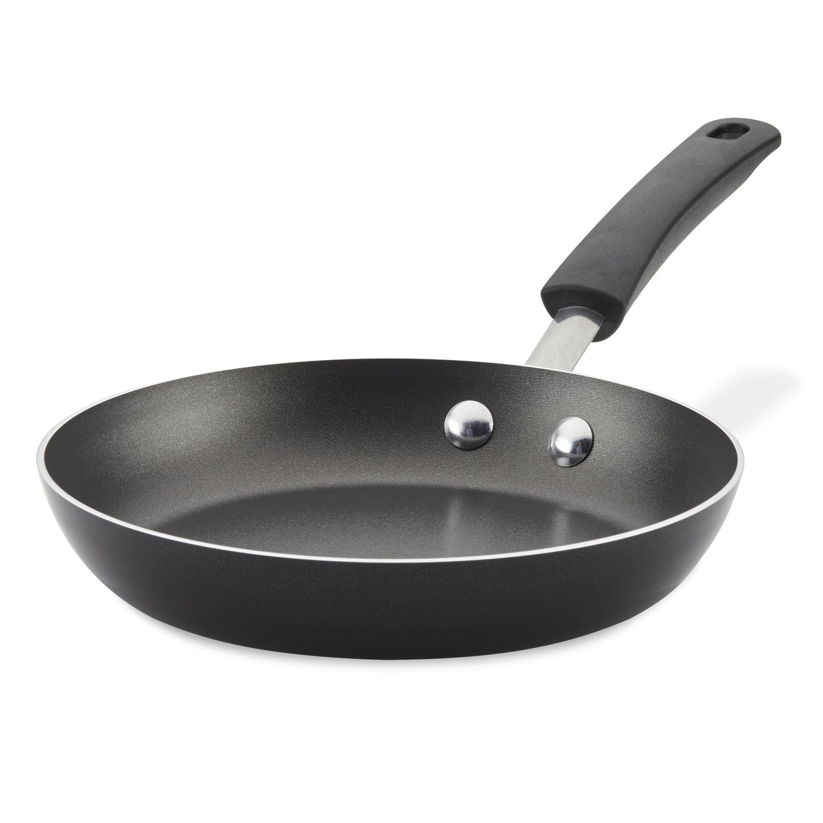 Non-stick frying pan with a black handle on a white background.