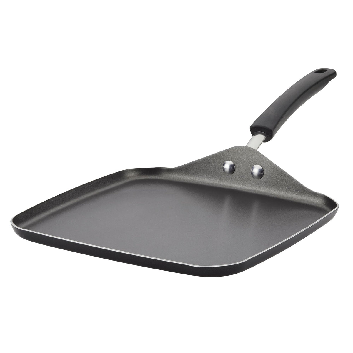 Square non-stick griddle pan with a black handle.