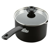 Black saucepan with a glass lid and a single handle on a white background.